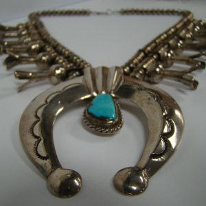 Rare Sterling Silver Native Indian Turquoise Squash Blossom Necklace