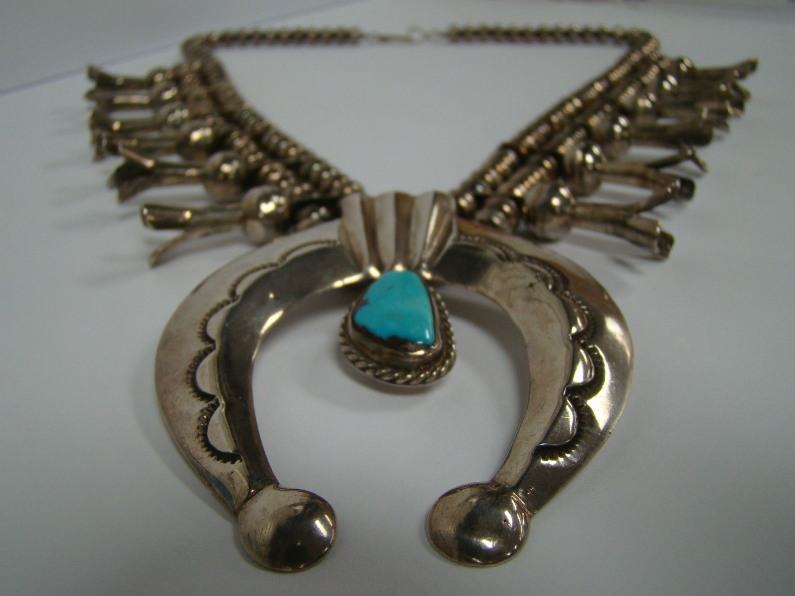 Rare Sterling Silver Native Indian Turquoise Squash Blossom Necklace 